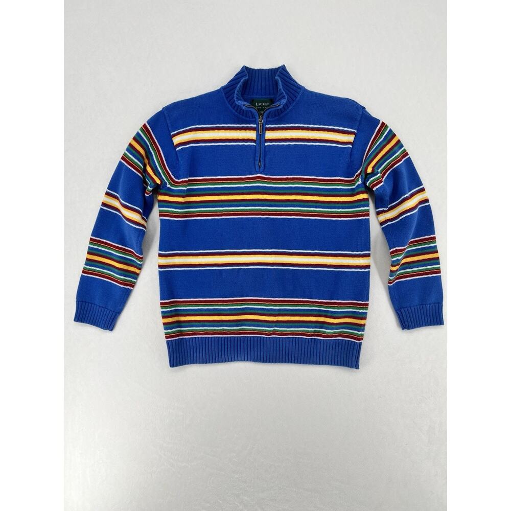 Lauren Ralph Lauren Womens Small Rainbow Stripe 1/4 Zip Cotton Sweater Blue Prep